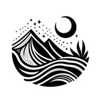 Serene Nightscape Black and White Illustration of Mountains, Moon, Stars, and flowing lines, creating a balanced and minimalist aesthetic. vector
