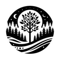 A silhouetted circular composition featuring a central tree under a starry night sky, surrounded by a forest of evergreen trees and flowing landscape elements. vector