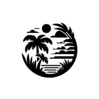 Circular Black and White Silhouette of a Tropical Paradise, Featuring Palm Trees, Clouds, and Ocean, Evoking Peace and Tranquility. vector