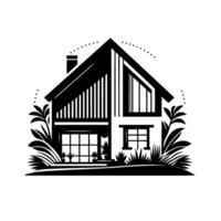 Modern minimalist black and white illustration of a house with detailed architecture, surrounding plants, and a decorative dotted arc. vector