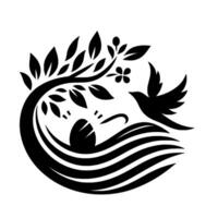 Stylized Black and White Illustration Tree with Leaves, Nest, Eggs, Bird in Flight above Wavy Lines, Depicting Growth and Freedom. vector