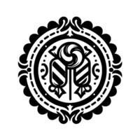 Ornamental Black and White Lollipop Inside Circular, Scalloped Frame with Ornate Scrollwork and Repeating Dot Patterns vector
