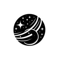 Black and white stylized space illustration with celestial body and star clusters within a circle, evoking a retro aesthetic. vector