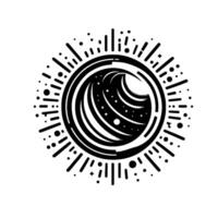Abstract black and white circular illustration depicts a celestial portal with stylized stars and a sunlike core, surrounded by radial bursts. vector