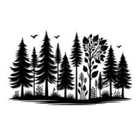 A monochrome illustration showcasing a stylized forest scene, featuring various pine trees, leafy trees, birds, and foliage, all rendered in bold black against a bright white backdrop. vector