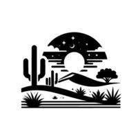 Black and white stylized desert landscape at dusk featuring cacti, a crescent moon, and stars above a minimalist horizon, creating a tranquil scene. vector