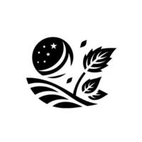 Symbolic Black and White Emblem Depicting a Night Scene Crescent Moon with Stars over Fields, Accompanied by Leaves. vector
