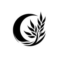 Abstract Black Wheat Stalk Nestled within Crescent Moon, Modern , Simple, Minimalist, White Backdrop. vector