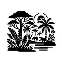 Silhouette Jungle Scene A monochrome illustration featuring a tiger and elephant amidst palm trees, sun, and lush flora, creating a contrasting black and white landscape. vector