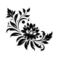 Elegant Black and White Floral , showcasing a stylized Dahlia with surrounding leaves, tendrils, and berries, against a stark white background. vector