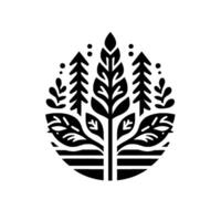 Monochromatic stylized illustration of a tree and forest, enclosed in a teardrop shape, incorporating leaves, pines, and a decorative border. vector