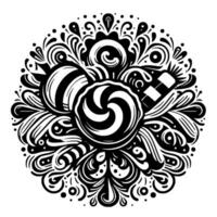 An ornate, circular black and white illustration featuring a stylized arrangement of hard candies, swirls, and decorative filigree elements in a symmetrical composition. vector