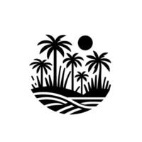 Monochromatic Palm Grove Silhouette of Tropical Island Paradise with Sun, Ocean, and Trees, Composed Within a Circular Frame. vector