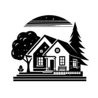 Monochromatic, illustration of a cozy cottage house with a tree, pine, sunmoon, and bench. vector