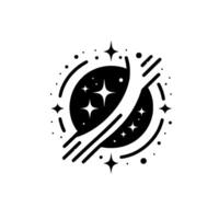 Minimalist Celestial Illustration A black and white space scene depicting a planet surrounded by stars, nebulae rings, and a futuristic . vector