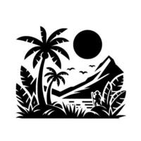 Black and white silhouette of tropical paradise featuring palm trees, mountains, the sun, a person, and birds. vector
