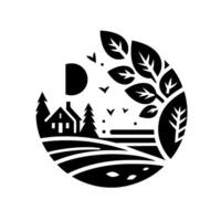 A circular black and white illustration of a house nestled amongst trees, fields, and a leafy branch, with a sun and birds. vector