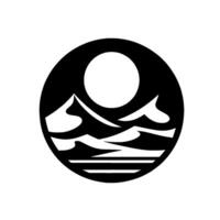 Minimalist circular depicting a black desert landscape with sun and dunes, featuring a clean aesthetic on white background. vector