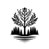 Stylized Black and White Forest Scene A Majestic Tree with Ornate Foliage, Surrounded by Evergreen Silhouette and Symbolic Water Reflections. vector