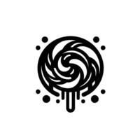 Black and white stylized lollipop with a swirling candy center and dripping handle, surrounded by abstract dot elements on a white background. vector