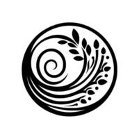 Circular Black and White Featuring Swirling Lines, Foliage, and Leaves, Creating a Decorative Monochromatic Motif. vector