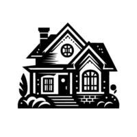 Stylized Monochrome Cottage Illustration A Rendering of a House, Complete with Chimney, Windows, and Landscaping Elements. vector