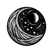 Celestial Sphere A black and white circular artwork featuring a crescent moon, stars, and stylized flowing lines, evoking a dreamlike and cosmic atmosphere. vector