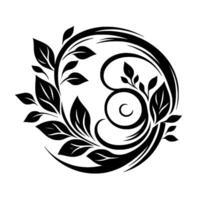 Black and white floral , round composition, elegant leaves, swirls and curves, intricate patterns and details, minimalist aesthetic. vector