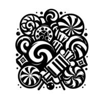 A , monochrome explosion of various candies, lollipops, and swirls creating a whimsical, abstract , perfect for playful and energetic themes. vector