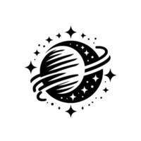 Black and white illustration of a planet with rings and stars in a celestial , evoking space exploration. vector