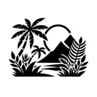 A minimalist, black and white tropical landscape composition featuring stylized palm trees, mountain silhouette, sun circle, and lush foliage elements, evoking a sense of serene paradise. vector