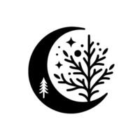Black and white minimalist featuring a crescent moon, tree, and a stylized tree, adorned with stars and dots, evoking a wintery or nature theme. vector