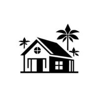 Black and White Silhouette of a Tropical House with Palm Trees, Minimalist , Clean Lines on White Background vector