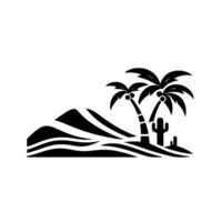 Minimalist monochrome landscape of a desert island scene featuring palm trees, cactus and undulating sand dunes, evoking a sense of tranquility. vector