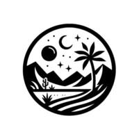 Black and white desert landscape emblem with a crescent moon, stars, palm tree, cactus, and mountains in a circular . vector