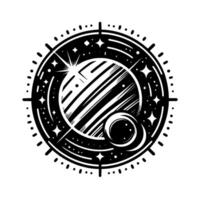 Celestial Black White Illustration Starry Planet, Moon, and Cosmic Compass with Geometric Lines and Elements vector