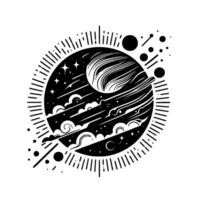 Monochrome Cosmic A stylized planet with swirling details, stars, clouds, and a radiating sunburstlike border, all set against a stark white background. vector