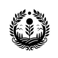 Abstract monochrome emblem showcasing a stylized landscape within a wreath of leaves, featuring mountains, trees, birds, and a central floral motif with the sun. vector