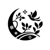 A monochrome circular emblem, featuring a crescent, stylized bird, foliage, floral elements, and a minimalist with a serene aesthetic. vector