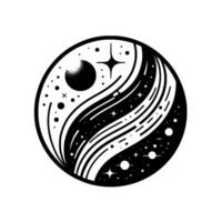 Black and white stylized cosmic yinyang symbol with celestial elements, a textured planet, stardust, and stars. vector