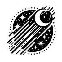 A Bold Black and White Celestial Featuring a Crescent Moon, Stars, and Comet Trails within an Oval Frame. vector