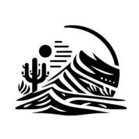 Monochrome Desert Landscape Sun, Mountains, and Cactus in a Minimalist Within an Arc. vector