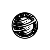A stylized black and white planetary featuring a planet with rings, surrounded by stars, resembling a minimalist space . vector