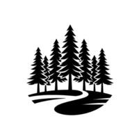 Silhouette of a group of evergreen trees with a winding path, rendered in a minimalist black and white style on a clean, white background. vector