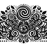 Ornate Black and White Decorative Border featuring stylized lollipops, swirls, botanical patterns, and abstract elements. vector