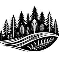 Silhouette Forest Scene Black and White Illustration of Trees, Bushes, and Abstract Landscape on White, Geometric Style, Artistic vector