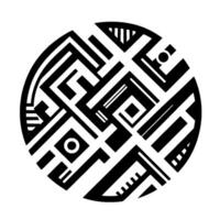 Abstract Geometric A circular composition of interconnected black and white shapes, creating a complex and dynamic visual experience, suggestive of a maze or puzzle. vector