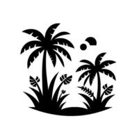 Stylized Black and White Tropical Landscape with Palm Trees, Grass, and Abstract Sky Elements on a Clean White Background vector