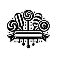 Black and white candy with a banner, featuring various lollipop designs, dots and a ribbonlike border. vector