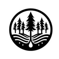 Symbolic Black and White Forest with Pine Trees, Rolling Hills, and Droplet, Enclosed in a Circle. vector